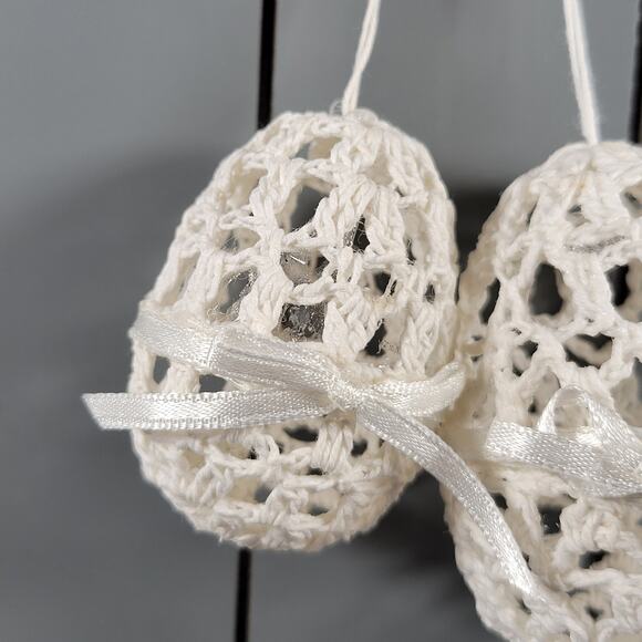 Set of 2 Eggs White Handmade Crochet Hanging Lace Ornaments with Ribbon Bows - Picture 3 of 10